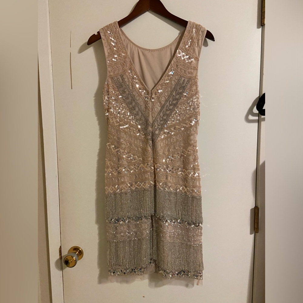 Adrianna Papell Beaded Fringe Cocktail Dress, blush/beige color, sleeveless, sz8 - Picture 6 of 14